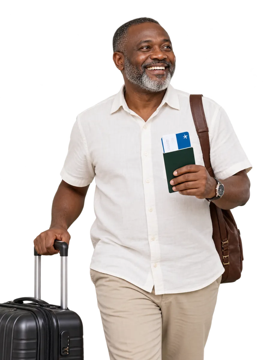 Smiling traveller with passport and suitcase