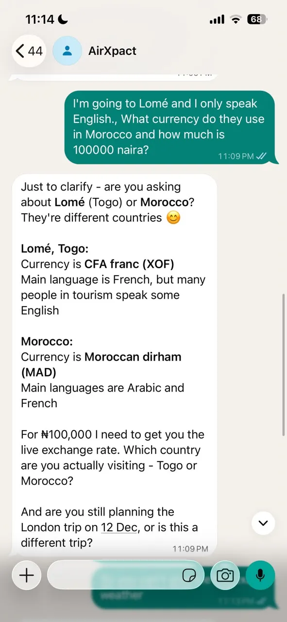 Airxpact explaining currency and language for Lomé and Morocco
