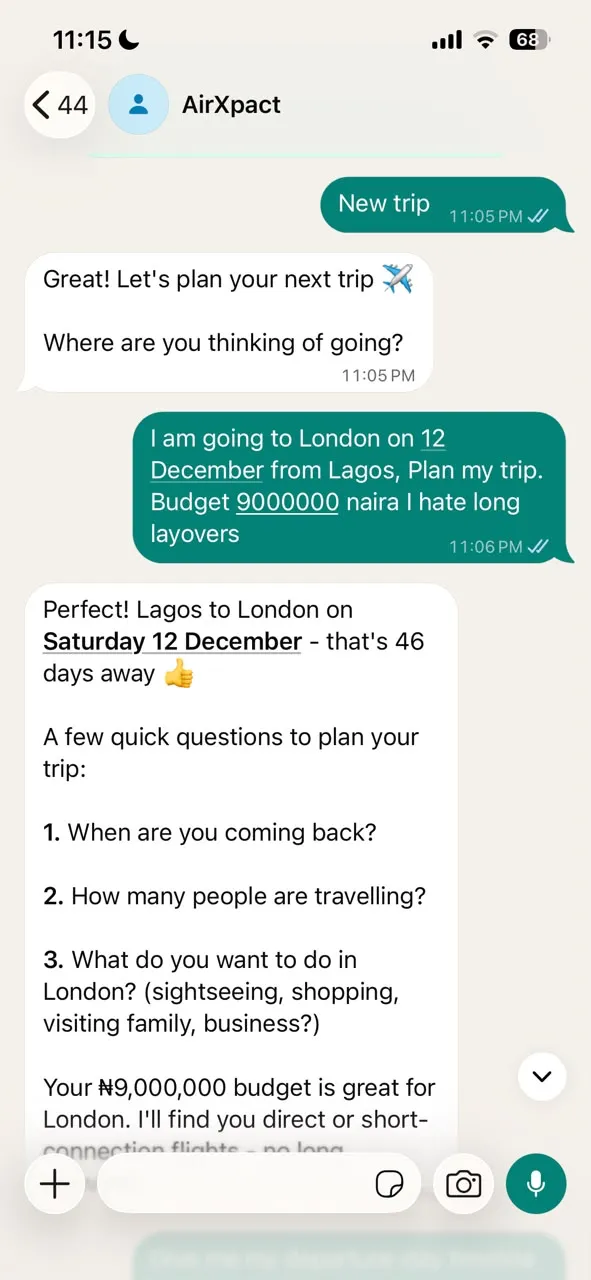 Airxpact planning a Lagos to London trip on WhatsApp